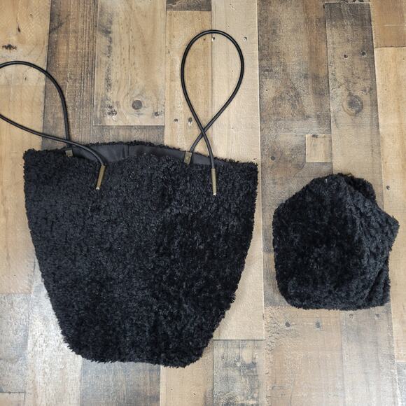 Anthropologie Tote Purse Sherpa Bag Black Leather Straps w/‎ Pouch Wallet - Picture 3 of 13